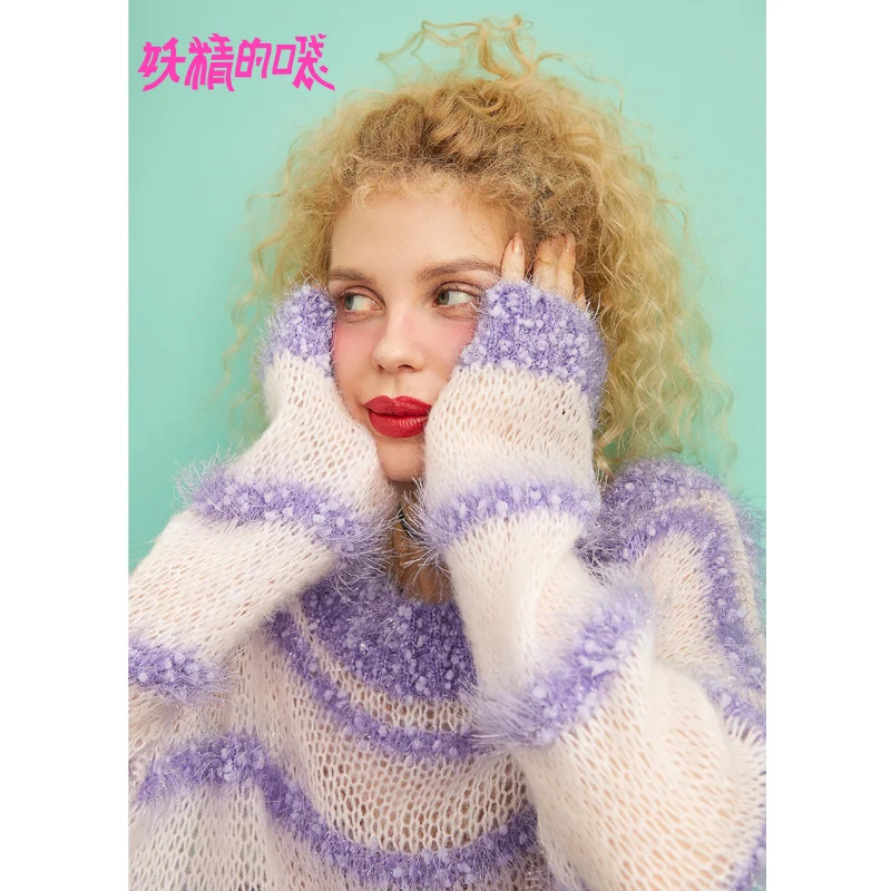 

ELF SACK 2019 New Fashion Woman Sweater Striped Casual O-Neck Pullovers Women Sweaters Hand Knitted Oversized Ladies Sweater