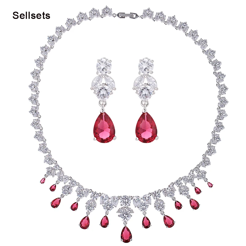 Sale Price Fashion Statement Necklace Earring Jewelry Sets Top AAA Pink Blue Cubic Zirconia Wedding Jewellery Set