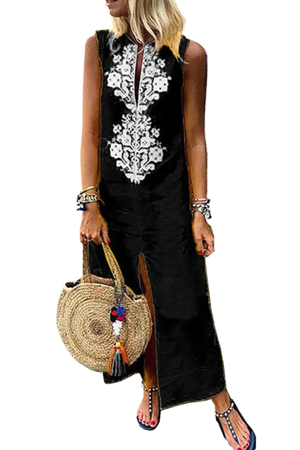 Black-Sleeveless-Casual-Slit-Geometric-Summer-Dress-LC611109-2-1