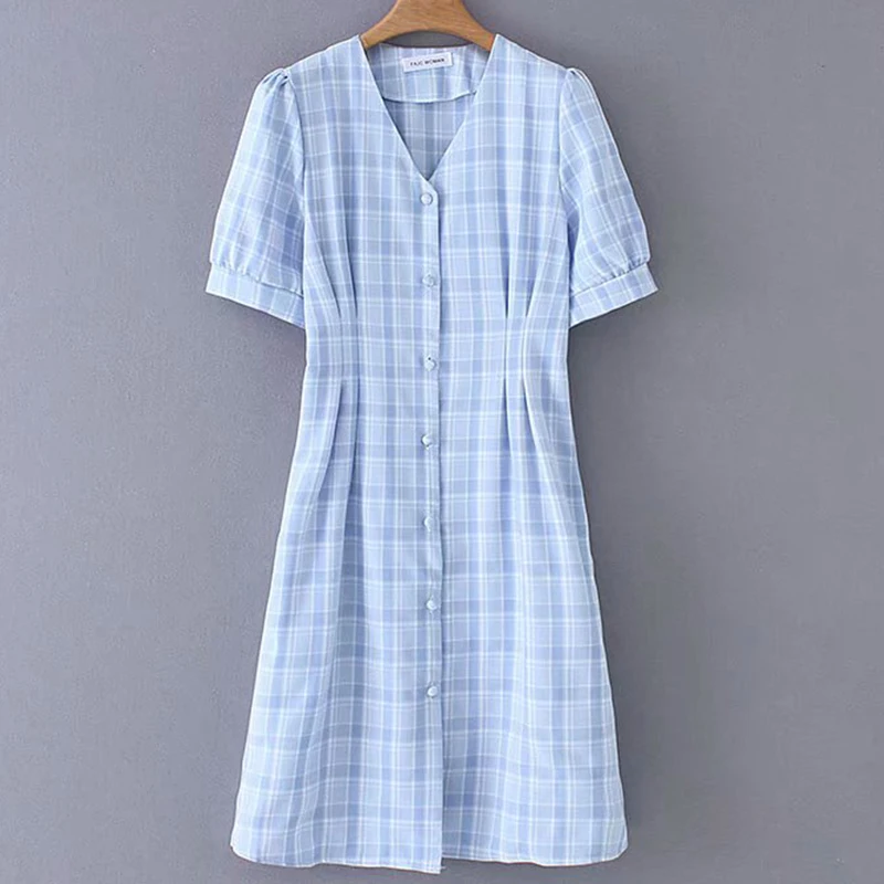 Women's Clothing Dress 2019 Polyester Plaid V-Neck Button Short-Sleeved Dress Ms Summer Leisure Slim Fit Temperament Clothing