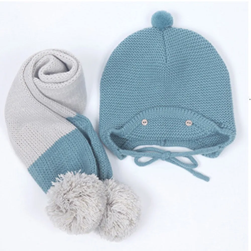 Милая детская шапка унисекс из 2 предметов, детская теплая Зимняя шерстяная шапка, вязаная шапочка мех, шапка для мальчиков и девочек, шапка или шапка+ шарф, 3-12 месяцев