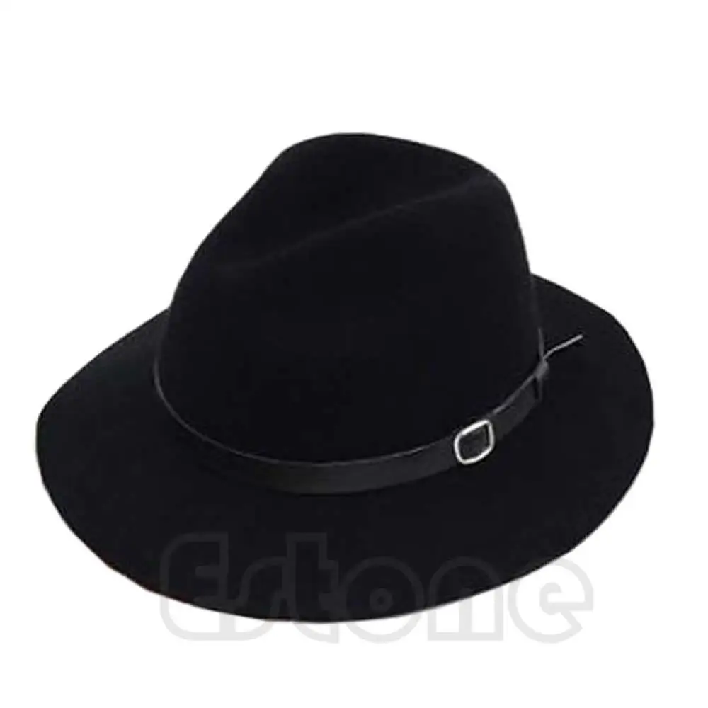 Новинка, модный дизайн, Женская Теплая Зимняя шерстяная шляпа с поясом, шляпа с широкими полями, ковбойская шляпа - Цвет: Черный