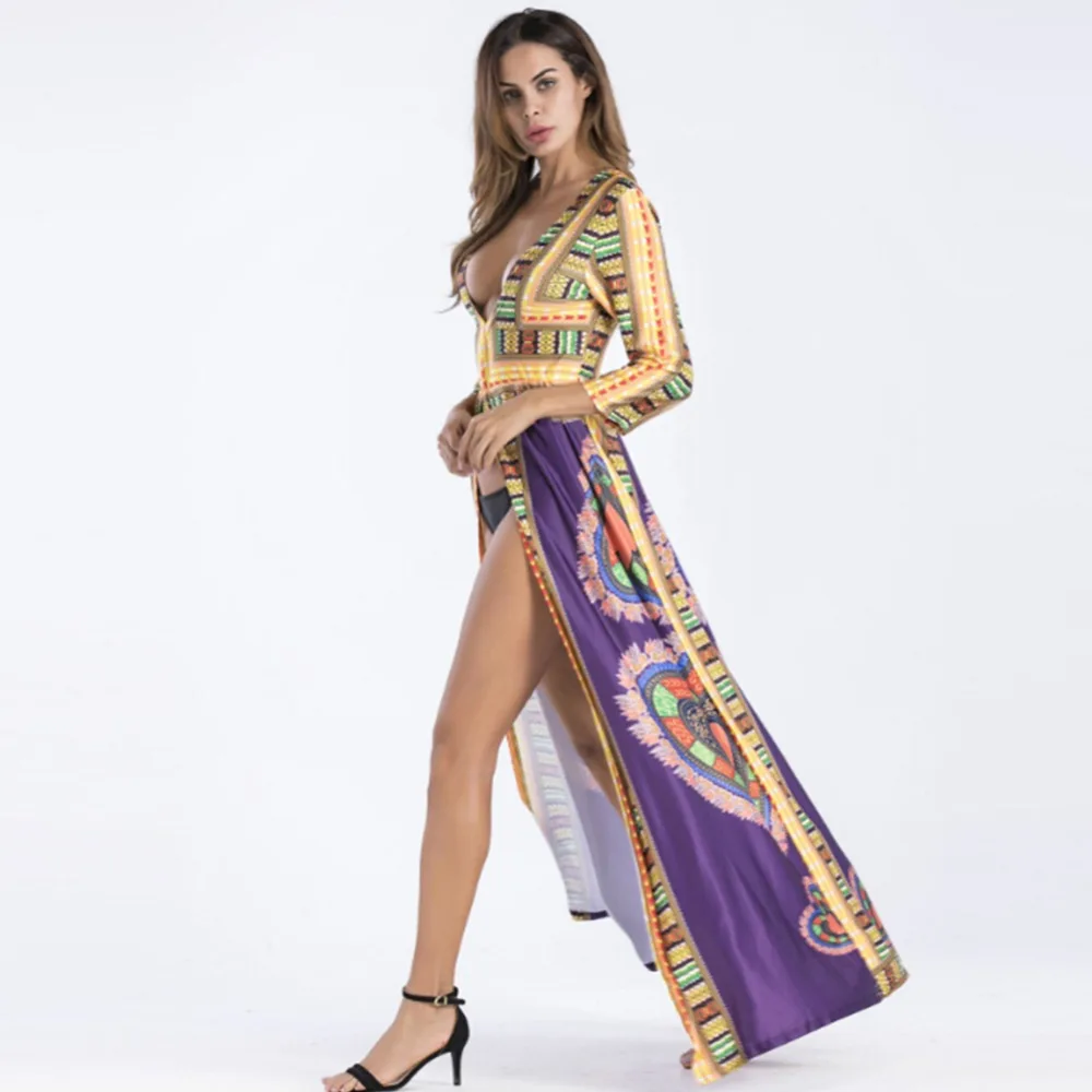 BOHISEN Африканский принт женское Макси платье Дашики глубокий v-образный вырез длинный рукав эластичный этнический принт спереди Длинный