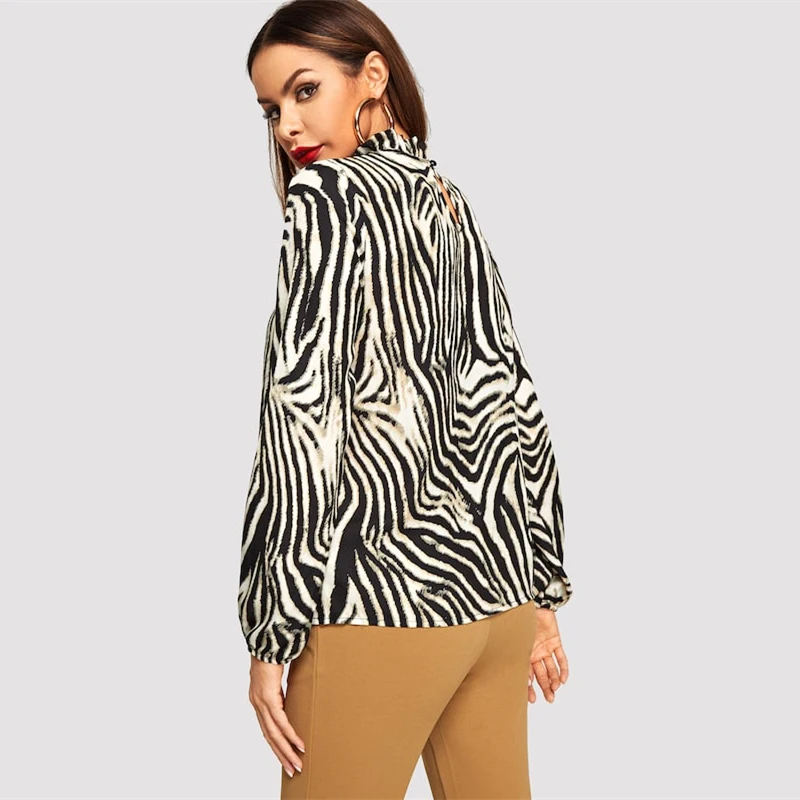 SHEIN современная леди многоцветный с оборками декольте зебра узор пуловеры Топ для женщин уличная Осенняя Минималистичная Элегантная блузка