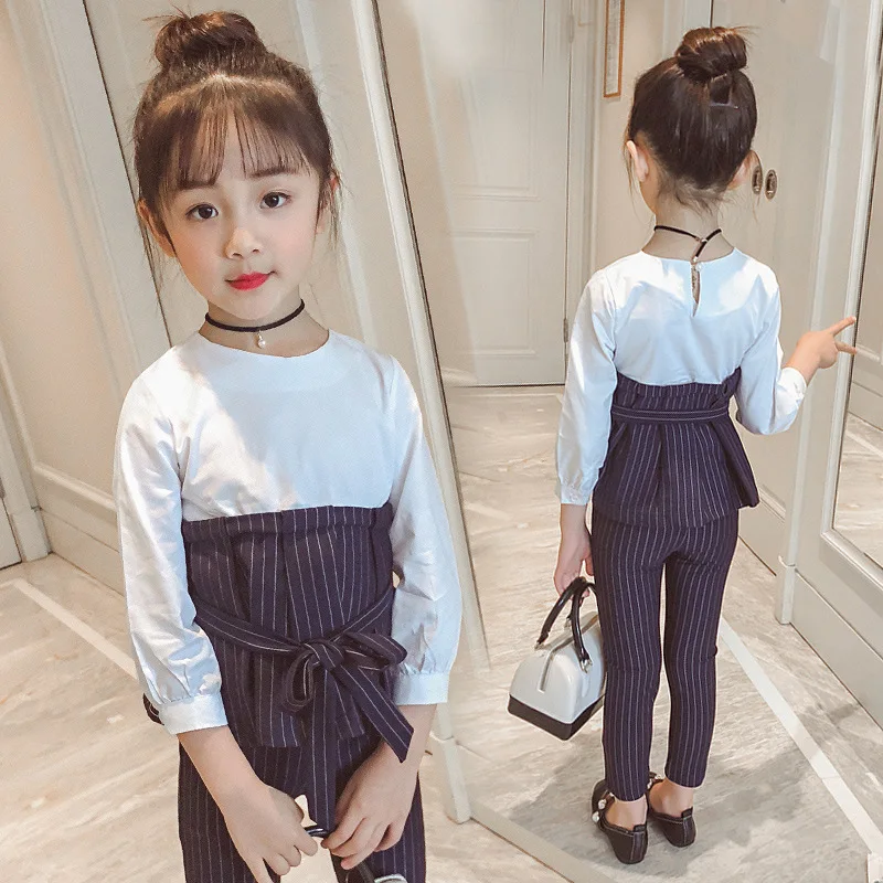 

Korean 2018 Spring Girls Fashion Loose Sashes Patchwork Elastic Waist Pencil Striped Pants 2Piece Set Kids Baby Clothes Children