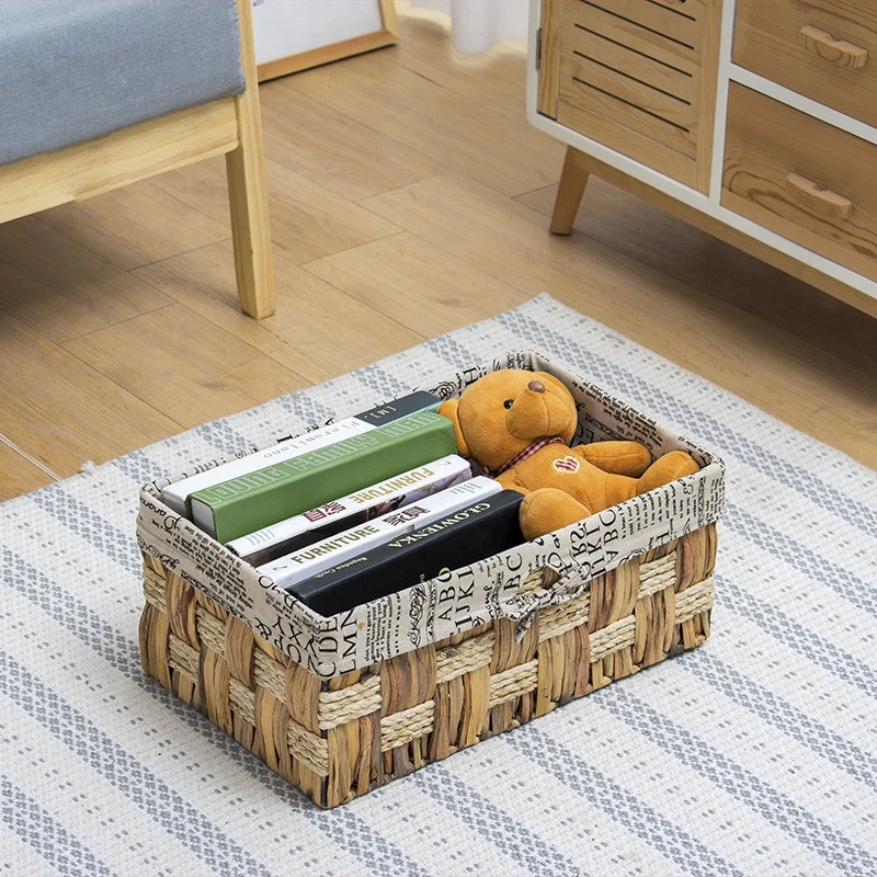 

Hyacinth straw storage basket with cotton linen lining rattan baskets storage of toys corn braid storage boxes hand made woven
