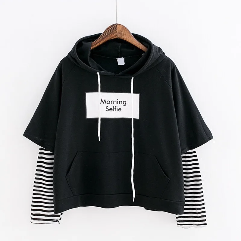 

Hoodies Morning Selfie Moletom Women Striped Patchwork Hoodies Sweatshirts with Front Pocket Crop Top Hoodie Harajuku Korean