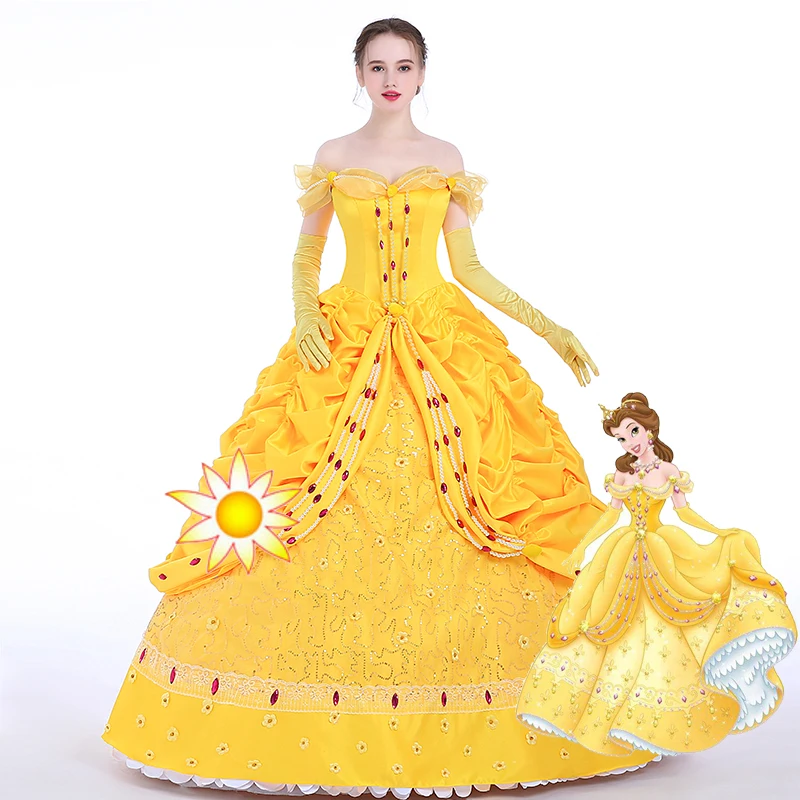 

Top Quality Moive Beauty And Beast Belle Cosplay Costume Adult Bella Princess Long Dress Women Girls Halloween Stage Party Dress