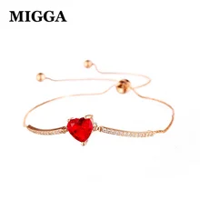 MIGGA розовое золото цвет элегантный циркониевым чешским камнем Красное сердце браслет регулируемый модные женские туфли подарок для девочек ювелирные
