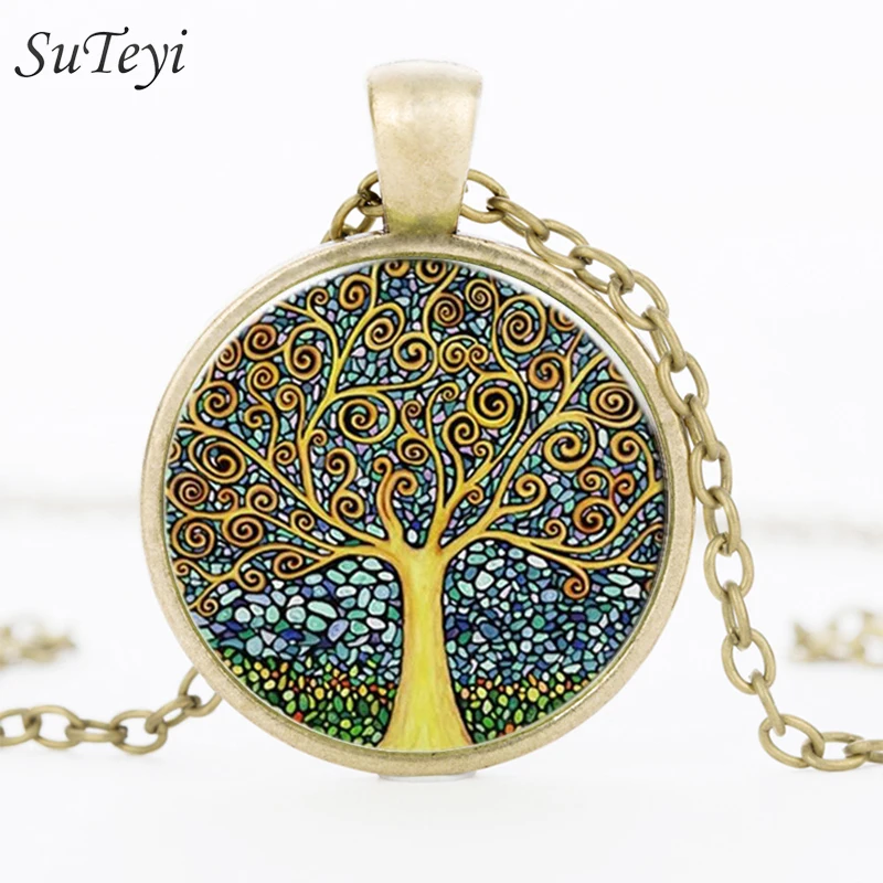 

SUTEYI 2018 Fashion Retro Tree of Life Necklace Glass Cabochon Plant Pendant Bronze Color Chain Necklaces Jewelry For Women Girl
