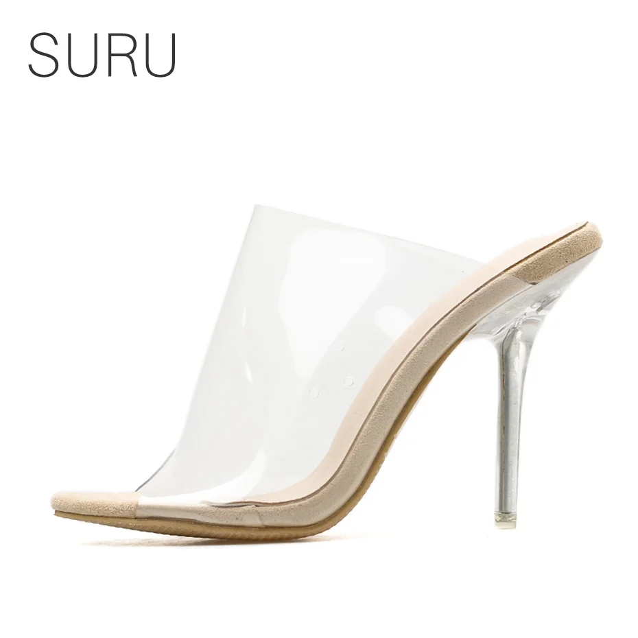

SURU Transparent PVC High Heeled Mules Sandals For Women Gold Silver Summer Slipper Heels Shoes