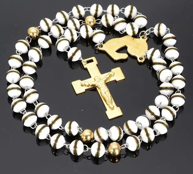

Cool Mens Womens Jewelry Hot selling Rosary Chain Necklace 316L Stainless Steel Gold Religous Cross White Ball 8mm