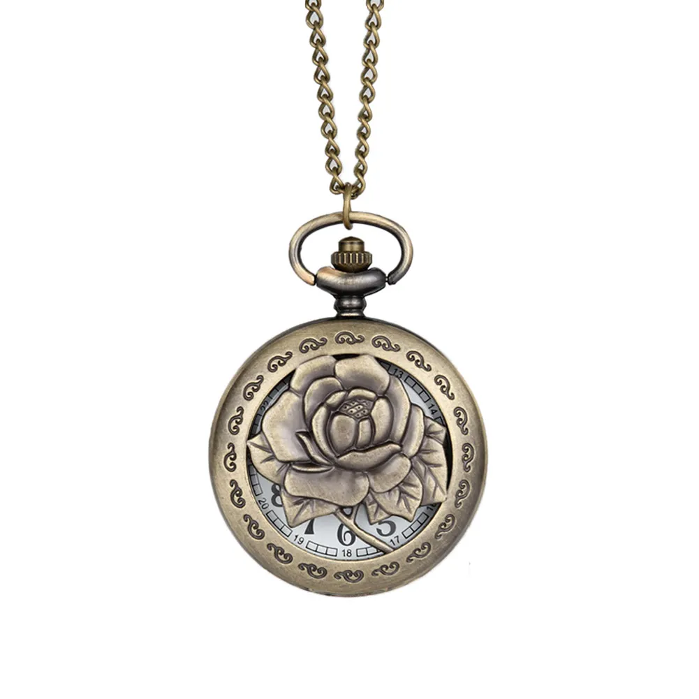 Vintage Antique Rose Flower Quartz Pocket Watch Necklace Pendant Chain