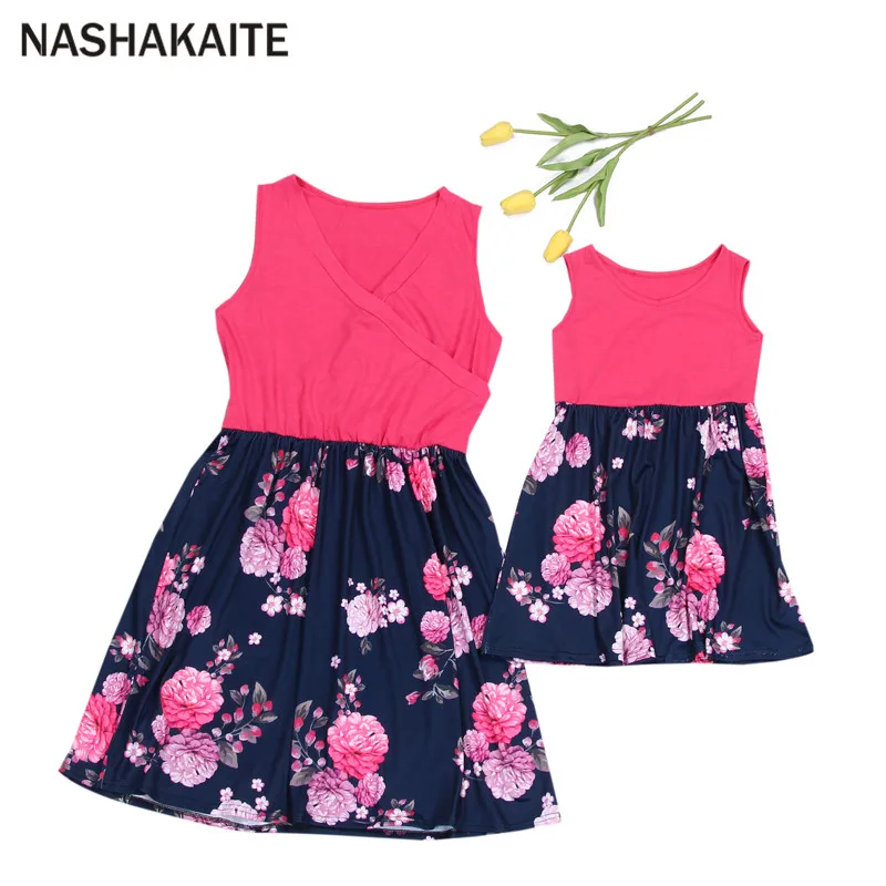 

NASHAKAITE Mother daughter dresses Summer Patchwork Print Mini Dress vestido mae e filha Mother and Daughter Clothes Family Look