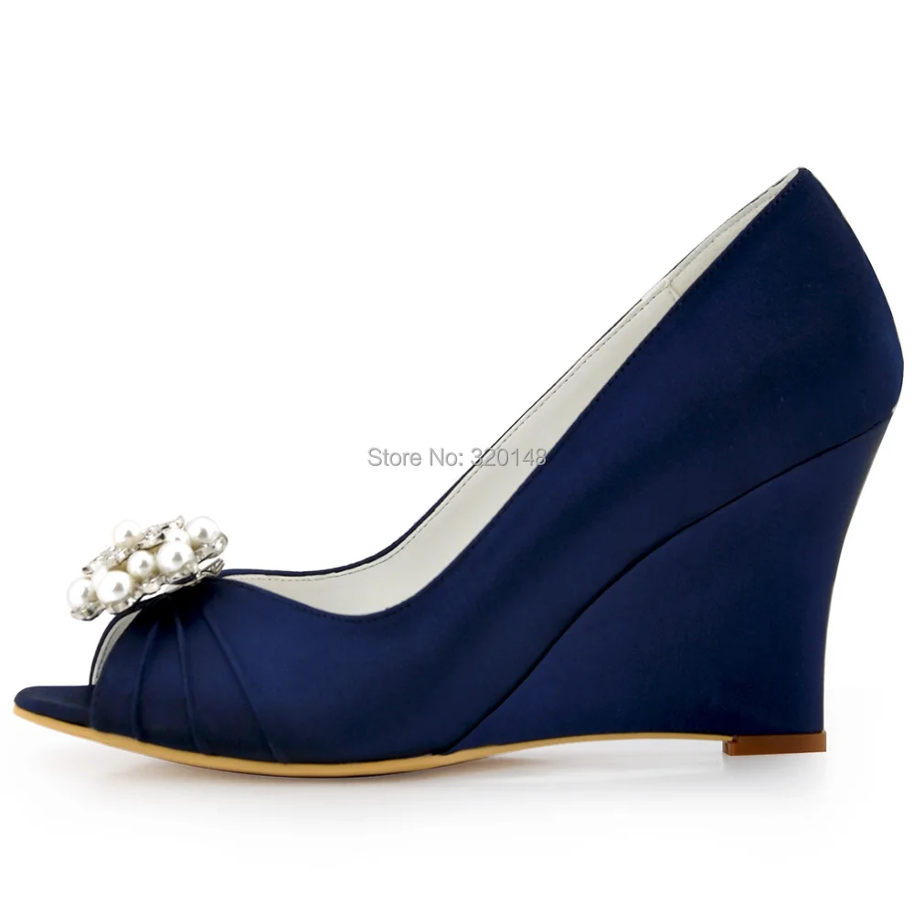 Women Wedges P Toe High Heel Navy Blue Ivory Pearls Clips Satin Wp1549 Navyblue 1