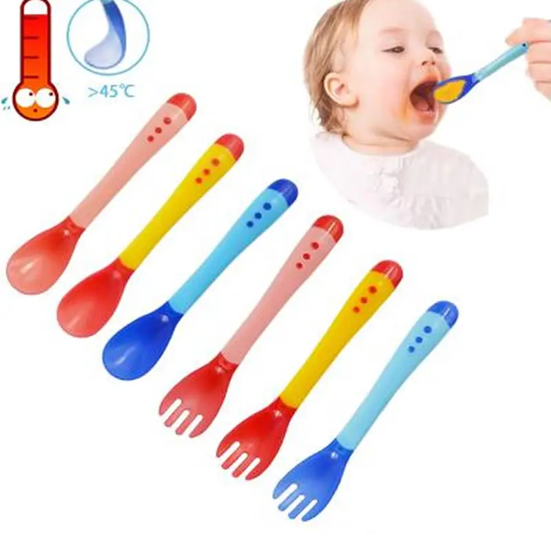 2//4x Heat Sensing Safety Kids Baby Feeding Spoon Soft Silicone Feeder Flatware