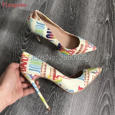 

Fashion white Printing Graffiti Leather Luxury Shoes Women Pointed Toe Shallow Slip On Ladies Party wedding shoes women Pumps