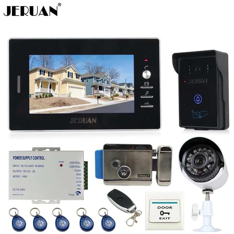 Compare JERUAN 7`` Video door Phone Entry Intercom System kit touch key RFID Access IR Camera + Analog Night vision Camera +E-lock