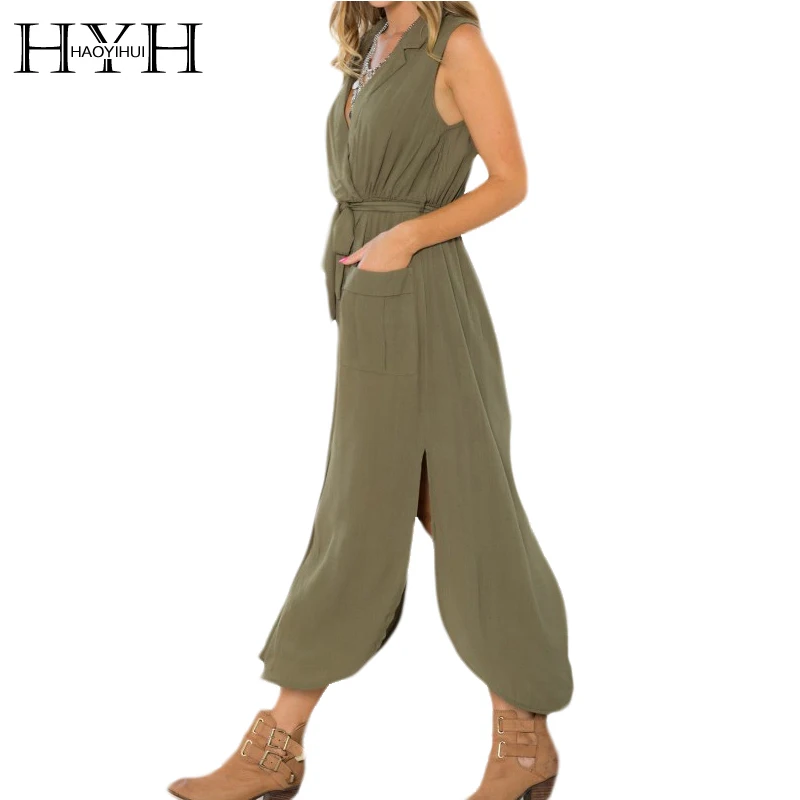 For Sale HYH HAOYIHUI Summer Sleeveless Army Green Dresses Slit Sheath Vogue Long Deep V Neck Women Loose Dress With Belt Y5250495