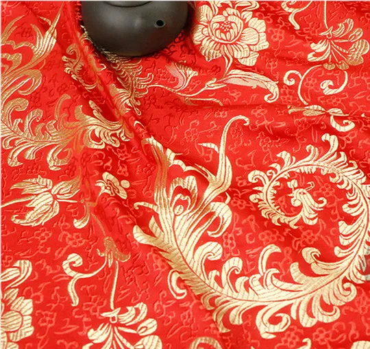 Red & Black Feather Floral - Faux Silk Brocade Fabric