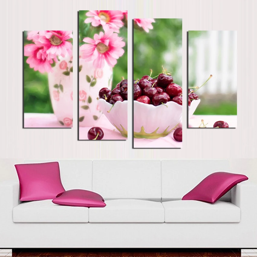 4 Панелей Подсолнечника и Вишни Живопись Холст Wall Art Picture Украшение Дома Искусство