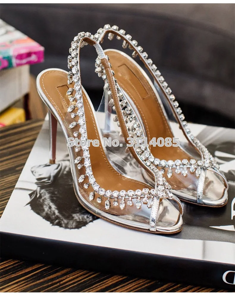 New Arrival Celebrity Silver Slingback Shining Crystal Wedding Shoes Fringe Rhinestone Peep Toe Stiletto Heels Clear PVC Pumps