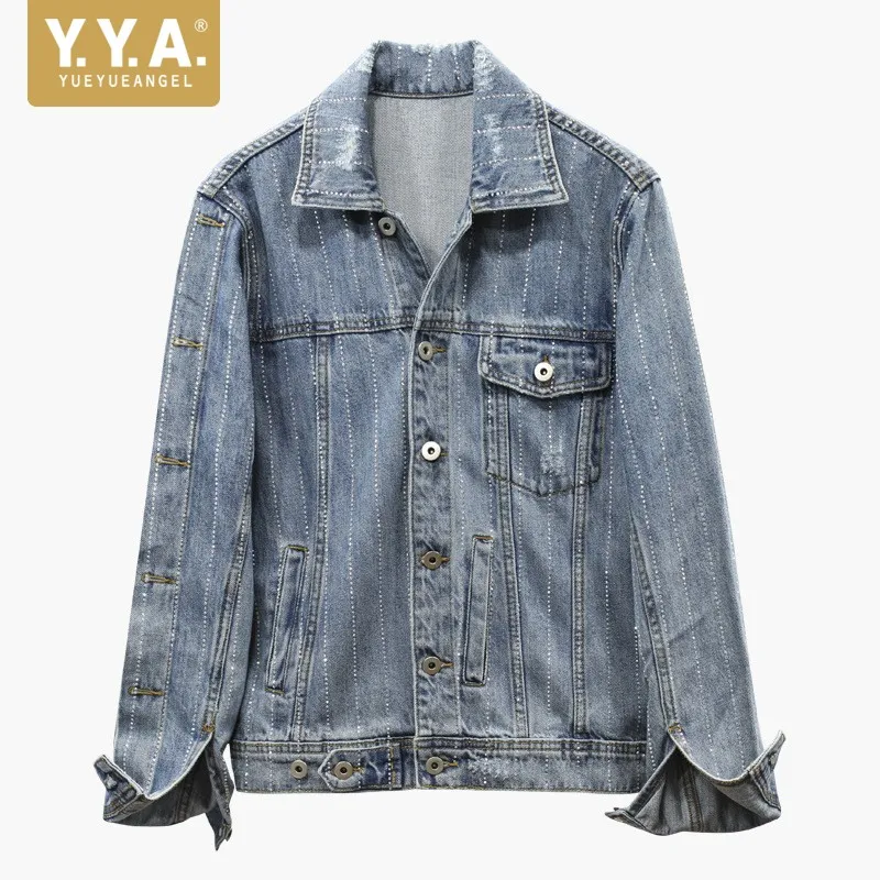 Goedkoop Europese Stijl Vrouwelijke Losse Fit Jean Jas Mode Gestreepte Rhinestone Vrouwen Denim Jas Streetwear Casual Vrouwen Uitloper