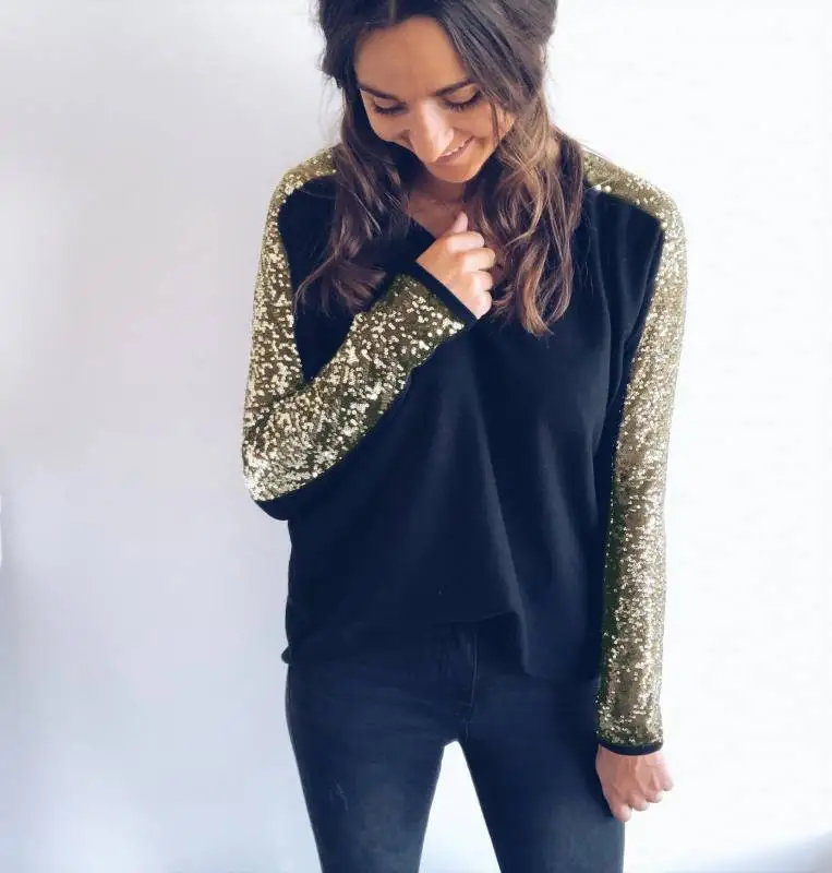 New Spring V-neck Long Sleeve Sequins Patchwork Women Sexy T-shirt Casual Fashion Gold Silver Colour Loose Tops New Spring V-neck Long Sleeve Sequins Patchwork Women Sexy T-shirt Casual Fashion Gold Silver Colour Loose Tops