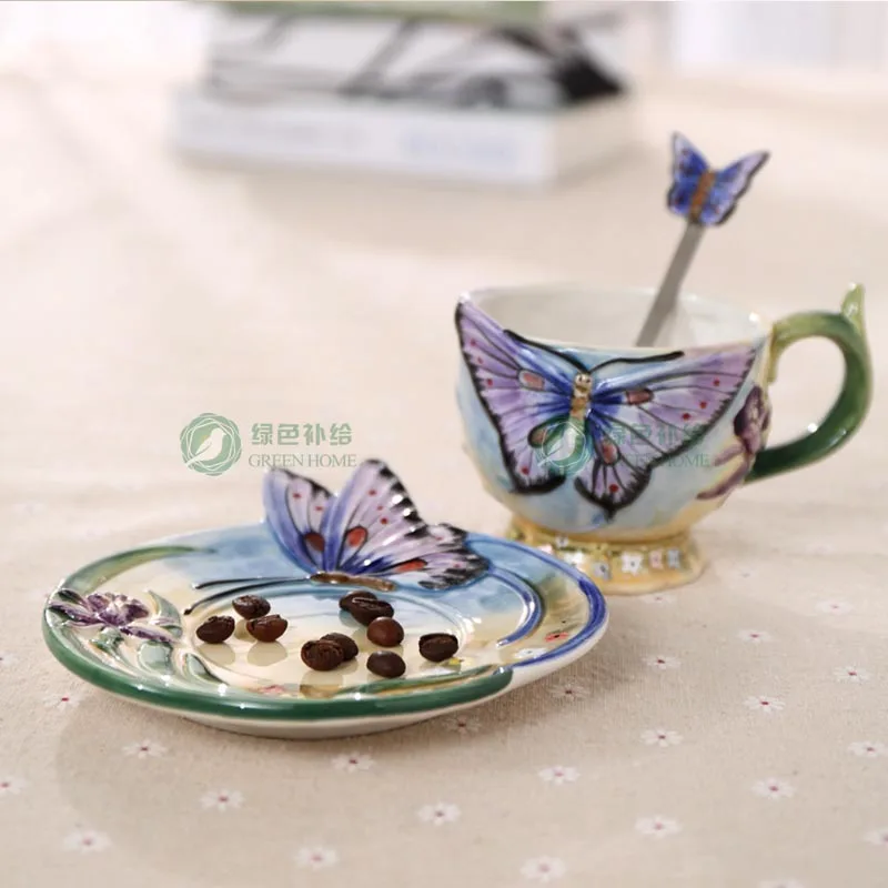 

European Style Ceramic Hand-painted Butterfly Coffee Cup 3D Colored Enamel Porcelain Mug with Saucer and Teas poon