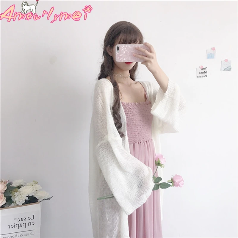 

2019 Spring Women's Solid Color Casual Loose Sunscreen Cardigan Jacket Female Long Style Thin knitting Sweater Coats Tops