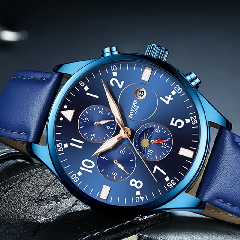 BOYZHE الرجال التلقائي الميكانيكية ووتش الأعلى العلامة التجارية عارضة الازياء جلدية القمر المرحلة أسبوع مضيئة الرياضة الساعات relogio masculino