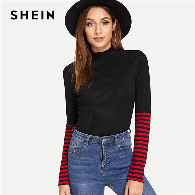 Download SHEIN Black Preppy Casual Colorblock Mock Neck Striped ...