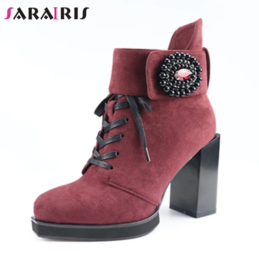 

SARAIRIS New Fashion Kid Suede String Bead Zip Shoes Woman Casual Party Office Spring Autumn Ankle Boots Black Big Size 35-41