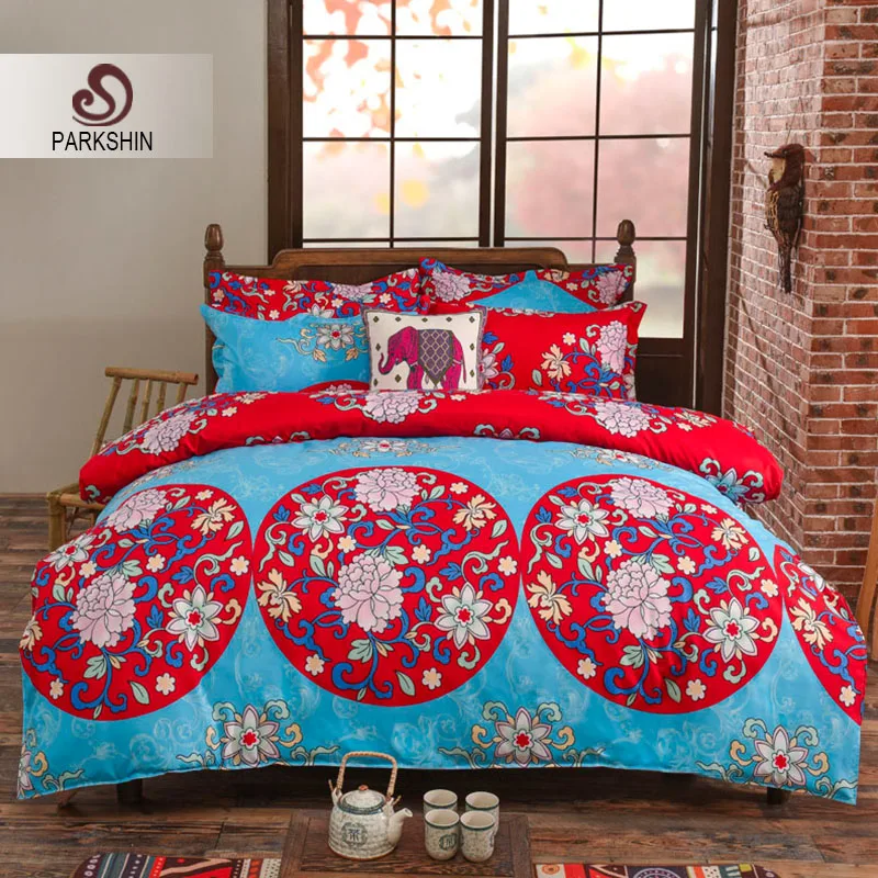Parkshin Fashion Bohemia Red Blue Bedding Set Luxury Duvet Cover Flat