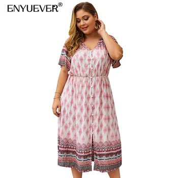 

Enyuever Boho Dress Plus Size Women Elegant Autumn V Neck Short Sleeve Vestido Casual Ethnic Print Loose Button Dress Streetwear