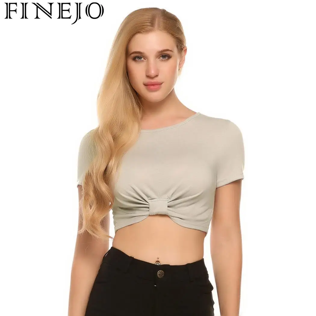 FINEJO Solid Casual O-Neck Short Sleeve Women Front Tie Pullover Sexy T-shirt FINEJO Solid Casual O-Neck Short Sleeve Women Front Tie Pullover Sexy T-shirt