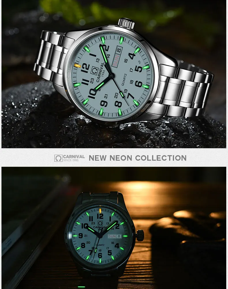 Quartz movement Double calendar Date Tritium Luminous military watch waterproof 30M CARNIVAL Luxury Business Watches Mens