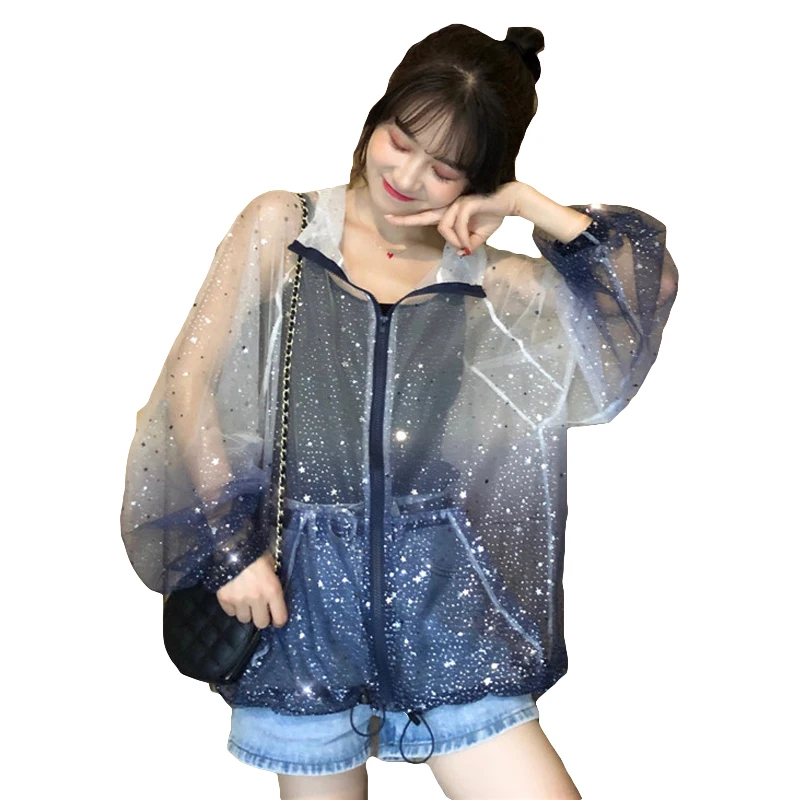 

Sequin Star Zipper Pocket Drawstring Adjustable Waist Loose Lace Mesh Transparent Blouse Top Shirt Women Summer Jacket/Coat/Tee