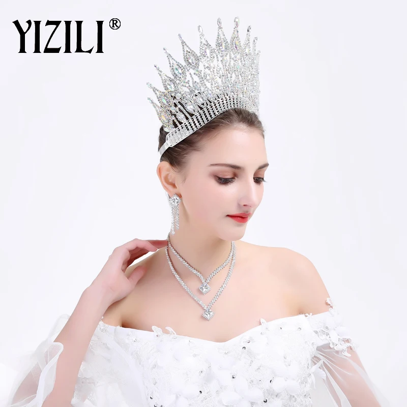 YIZILI nuevo lujo Europea grande de la boda de la novia magnífico cristal redondo grande reina corona boda pelo accesorios C021 - 5