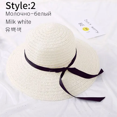 Летние соломенные шляпы с широкими большими полями, шляпы от солнца для женщин, Панамы с защитой от ультрафиолета, пляжные шляпы, женская шляпа с бантом, женская шляпа, ete - Цвет: picture milk white