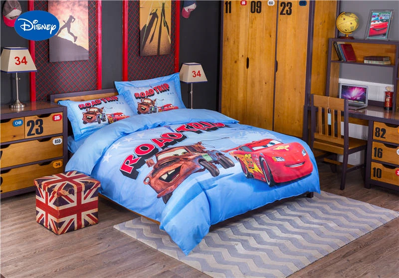 Blue Disney Cartoon Lightning Mcqueen Car Print Bedding Set For