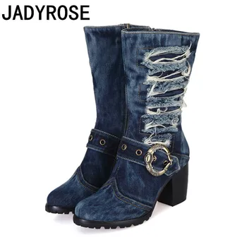 

Gladiator Fashion Women Winter Boots Blue Denim Short Strap Zapatos Mujer Large Size 42 Warm Knight Boot Shoes Woman Stilettos