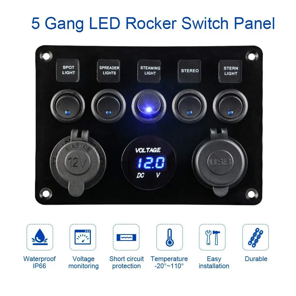 

5 Gang LED Switch Panel 12V Dual USB Car Charger 2.1A with Digital Voltmeter 12V Power Outlet for Car Boat Marine Switch Panel