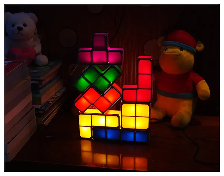 DIY Tetris светильник-головоломка, Штабелируемый светодиодный настольный светильник, конструктор, блок, Ночной светильник, ретро игровая башня, Детская красочная кирпичная игрушка