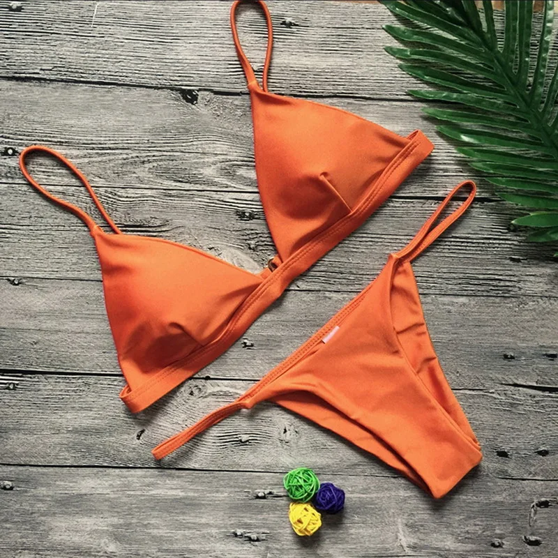 Женское микро-бикини, набор, пуш-ап, одежда для плавания, Одноцветный, пляжный купальник, бразильские стринги, купальник для девочек, бикини, купальник для женщин - Цвет: Orange1