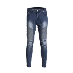 2018 Для мужчин одежда Брюки unif длинные эластичные рваные байкерские джинсы скинни уничтожены тесьмой Slim Fit джинсовые штаны