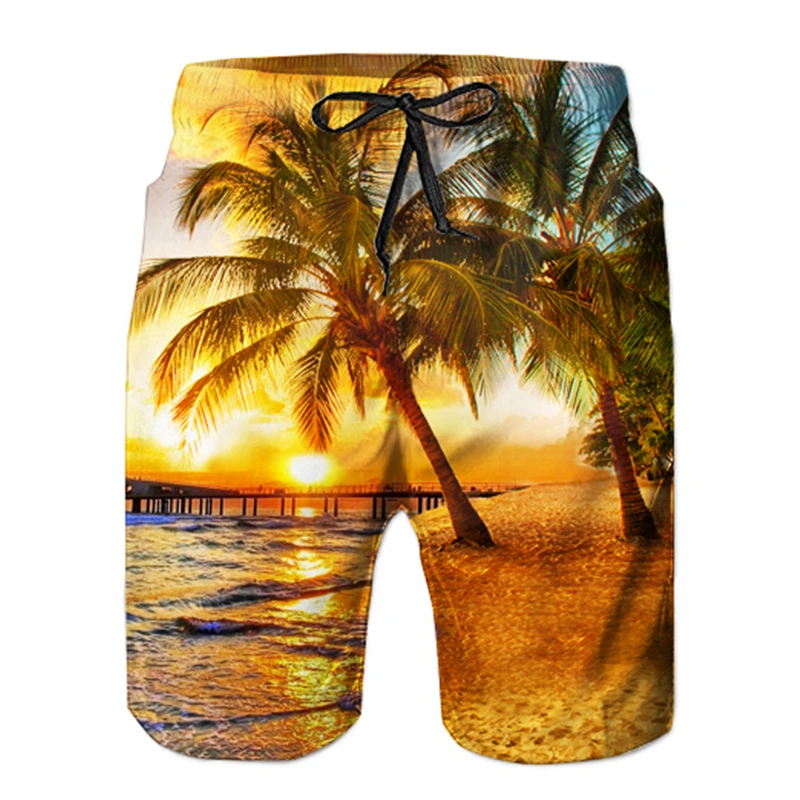 qingdg Men Beach Shorts Quick Dry Coconut Tree Printed Elastic Waist 4 Colors M-6XL AYG219