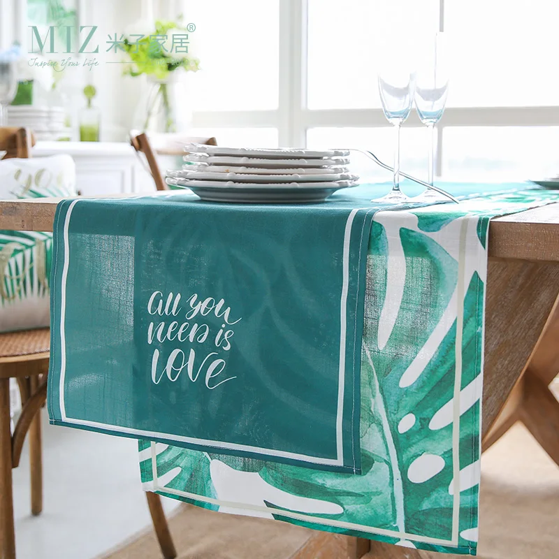 

Miz Table Runner for Wedding Leaves Print Green Table Flag 45*180 Rectangle Table Runner Tropical Style Runner Slabbed Fabric