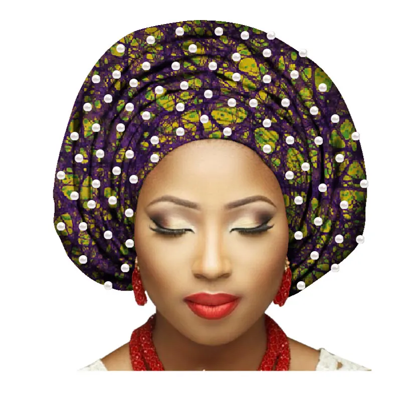 Нигерийский геле хлопок головной убор Африканский бисер тюрбан Африканский головной убор для женщин африканские женские шарфы с бисером AF007