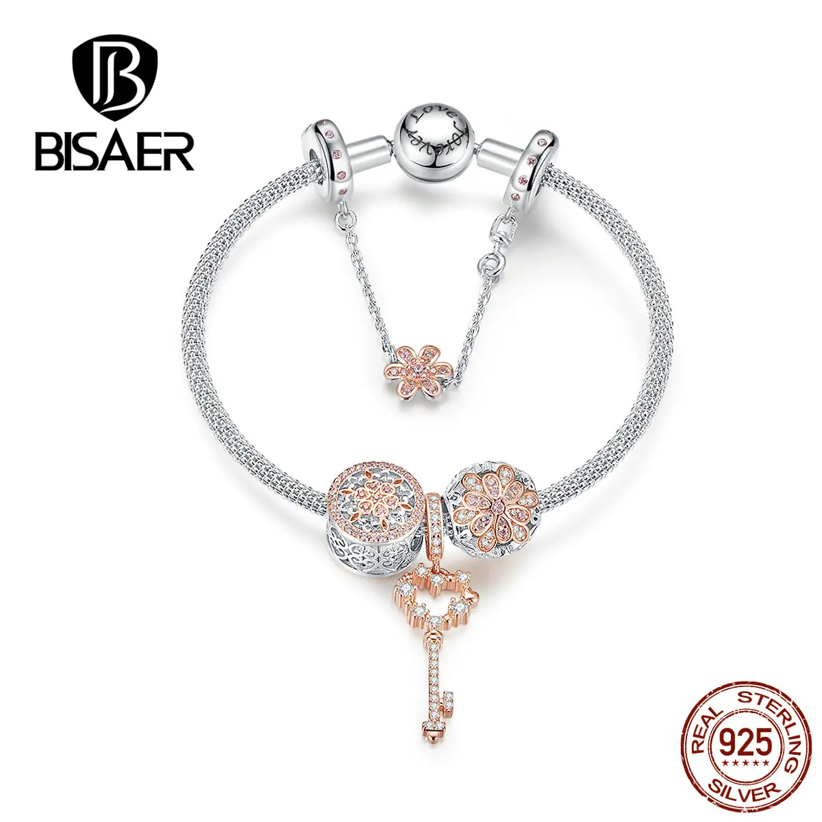 

2019 Women Bracelets BISAER 925 Sterling Silver Love Key Snake Chain Clasp Silver Bracelets Sterling Silver Jewelry ECB824